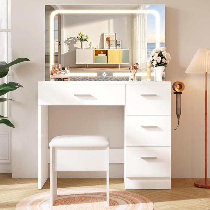 Makeup Vanity Desk Set, White, 35.4“W X 15.7" D X 53.9" H (Large Smart LED Mirror, with Cushion Stool, Hairdryer Rack, Power-Outlet, 4 Drawers)