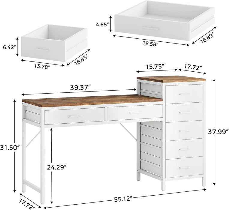 Vanity Desk with 7 Drawers, 55 Inch Makeup Vanity Table with Reversible Drawer for Women, Girls, White and Brown (Without Mirror)