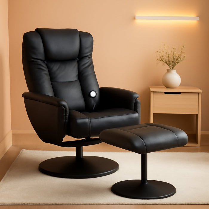 Faux Leather Electric Massage Recliner W/Stool Footrest Ottoman, Remote Control, 5 Heat & Massage Modes, Side Pockets - Black