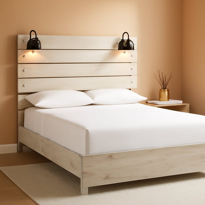Signature Design by Ashley Cambeck Farmhouse King Panel Bed with Sconce Lights and USB Ports, Foundation or Box Spring Needed, Whitewash
