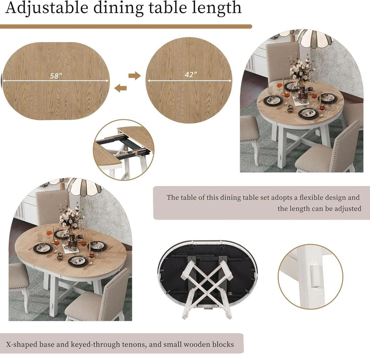 TREXM 5-Piece Farmhouse Dining Table Set Wood round Extendable Dining Table and 4 Upholstered Dining Chairs (Oak Natural Wood + Antique White)