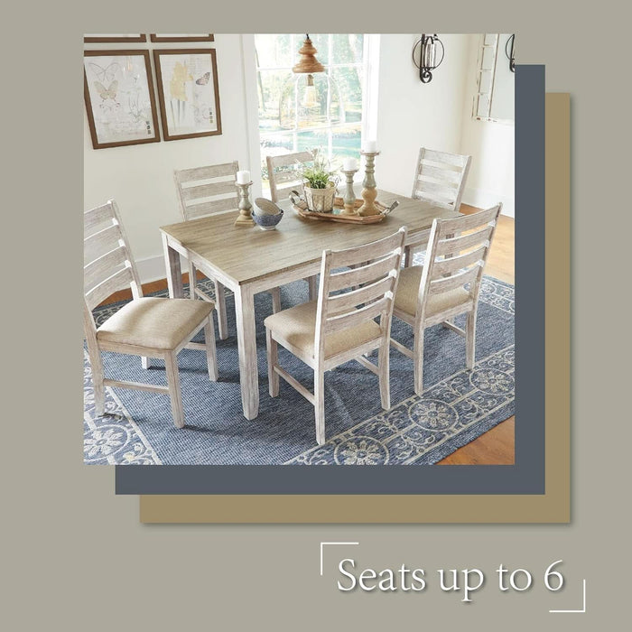 Skempton Cottage Dining 7 Piece Set – Rectangular Table & 6 Upholstered Chairs | Coastal Chic Meets Farmhouse, Whitewash