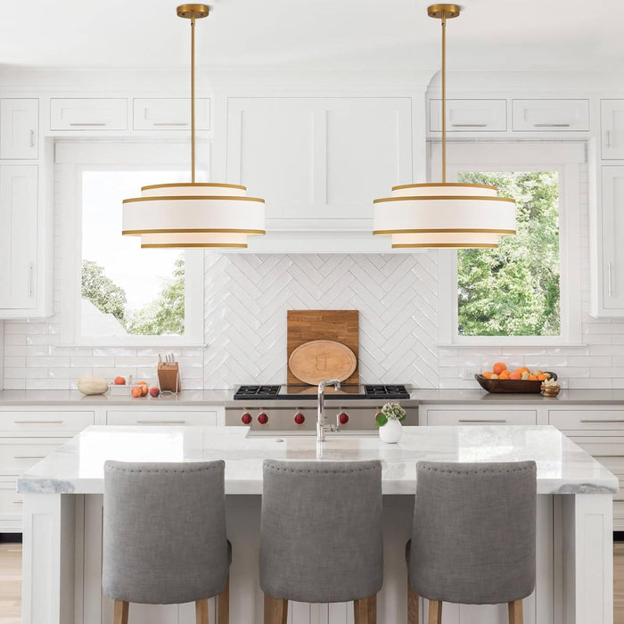 19.7" Gold Drum Chandelier with White Linen Lampshade 4-Light Modern Farmhouse Chandelier Light Fixture for Dining Room, Kitchen Island, Foyer Entryway Bedroom