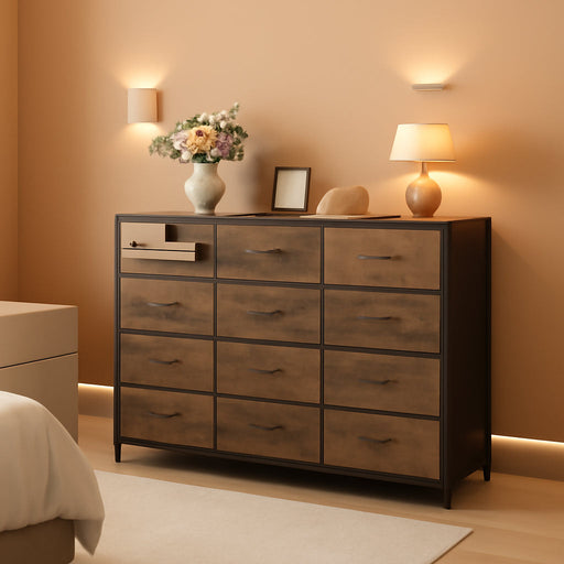 Dresser for Bedroom with 11 Drawers, Open Shelf, 49.6" W, Brown
