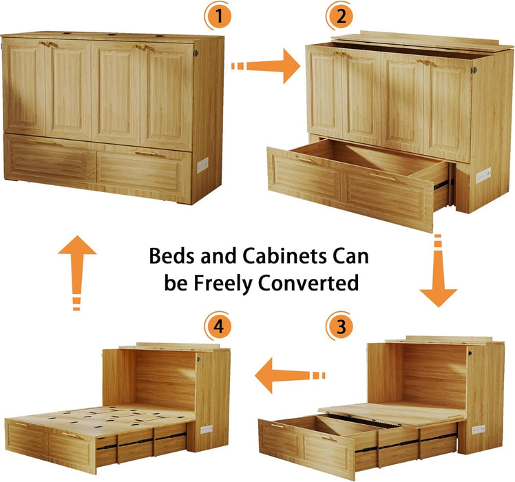 Murphy Bed Full Size OakFinish CabinetWithDrawerUSBCharging