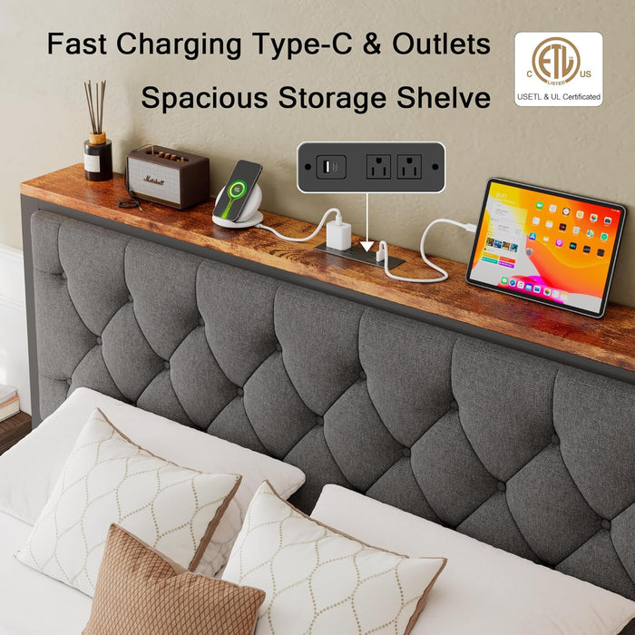 Full Size Bed Frame with 2 Storage Drawers, Metal Platform Bed with Charging Station, Upholstered Button Tufted Storage Headboard, No Box Spring Needed, Noise-Free, Easy Assembly, Grey