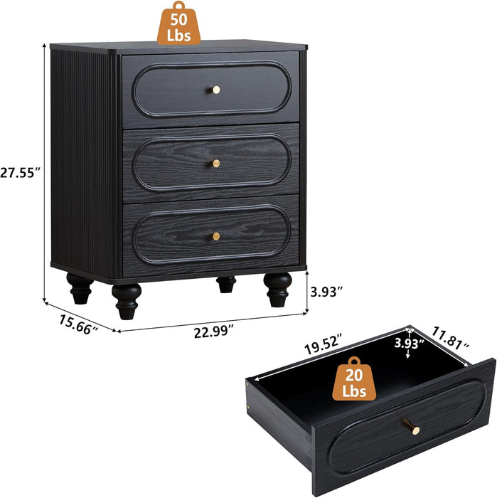 3 Drawer Fluted Dresser for Bedroom Set of 2, Mid Century Modern Chest of Drawers, Wood Storage Small Dresser Organizer for Bedroom Living Room Hallway Closet, Black