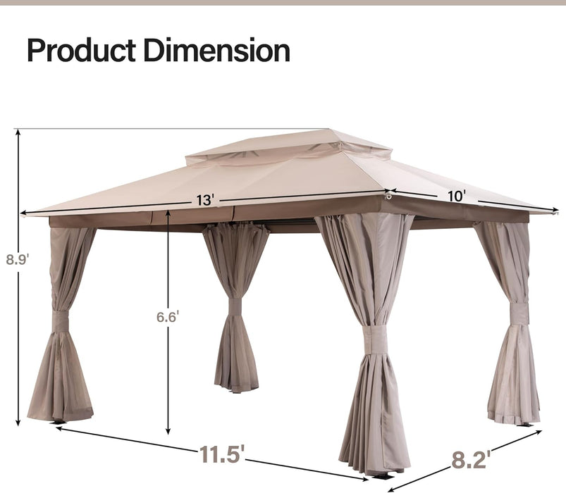 Outdoor Patio Gazebo 10'X13' with Expansion Bolts, Heavy Duty Gazebos Party Tent Shelter with Double Roofs, Mosquito Nets and Privacy Screens for Backyard, Garden, Lawn, Khaki