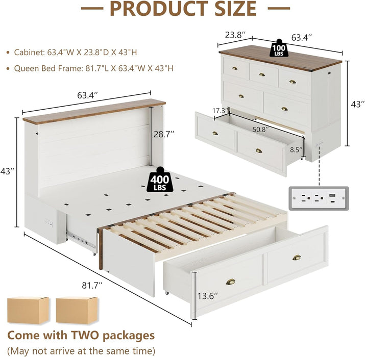 Queen Size Murphy Bed, Farmhouse Wooden Cabinet with Charging Station and Storage Drawer for Bedroom/Office/Guest Room, White+Barnwood
