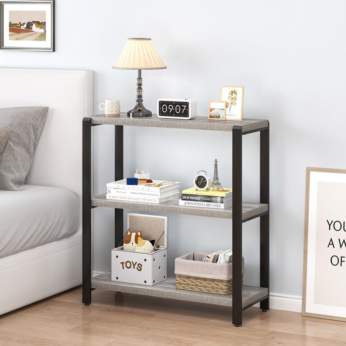 3 Tier Bookshelf, Industrial Wood and Metal Book Shelf and Bookcase, Short Book Case for Office Living Room Bedroom, Light Grey