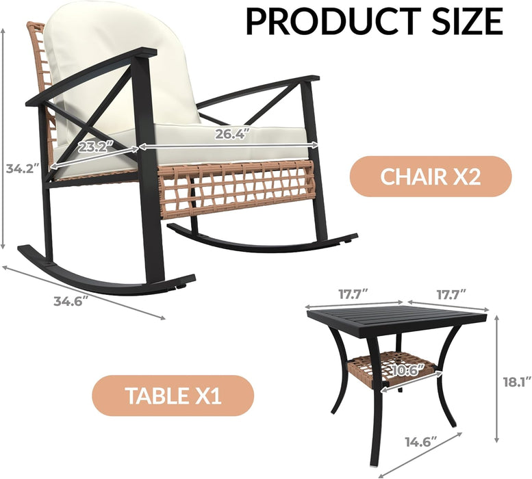 Patio Furniture Set 3 Piece, Rattan Rocking Bistro Table and Chairs Set of 2, Wicker Outdoor Indoor Conversation Set with Soft Thick Cushions and 2-Tier Coffee Table for Balcony, Lawn, Backyard