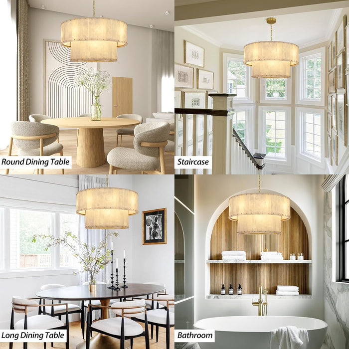 Alabaster Chandelier,D32In Spanish Marble round Alabaster Chandelier 2 Tiers,Modern Living Room Alabaster Chandeliers, Adjustable Gold Chandeliers for Dining Room,Bedroom,Bathroom,Entryway