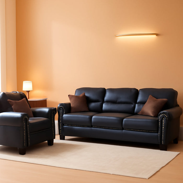 Bobkona Shelton Bonded Leather 2 Piece Sofa and Loveseat Set, Black