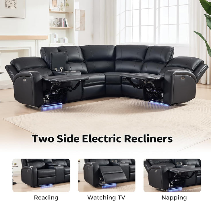 Power Reclining Sectional Sofa with LED Light, Faux Leather Sectional Couch for Living Room, Modern Corner Furniture Sets with 2 Recliner Seats, Cup Holders, Storage Console, Black