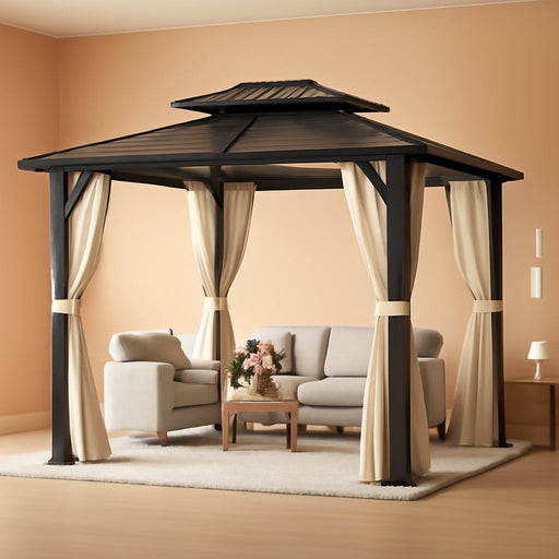 10x12 Foot Hardtop Gazebo Beige UVResistant Curtains