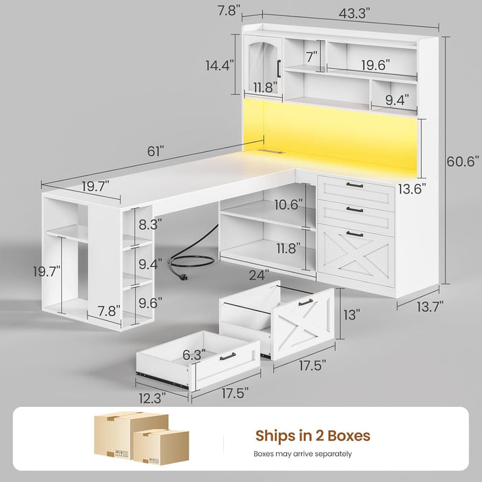 Farmhouse L Shaped Office Desk with Drawers, 61” Computer Desk with Storage Shelves and Power Outlet, Corner Gaming Desk with LED Light and Display Cabinet for Home Office (White)