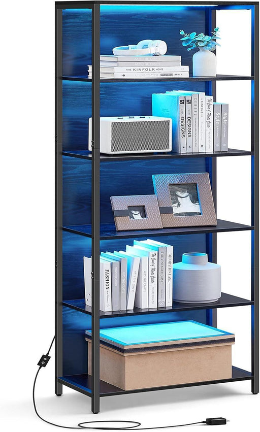 6-Tier LED Bookshelf, Display Shelf with Dimmable Lights, LED Bookcase with Steel Frame, 11.9 X 23.6 X 70.3 Inches, for Living Room, Bedroom, Office, Black with Wood Grain ULLS120B56