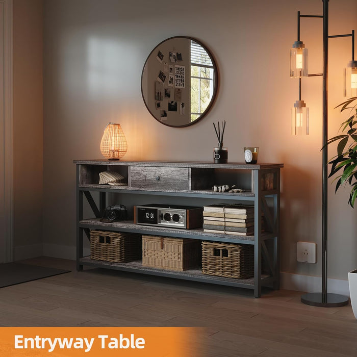 47 Inch Console Sofa Table with Drawer, Industrial Entryway Table with Storage Shelves, Storage Organizer for Hallway Living Room Couch Foyer Kitchen Counter, Grey Oak