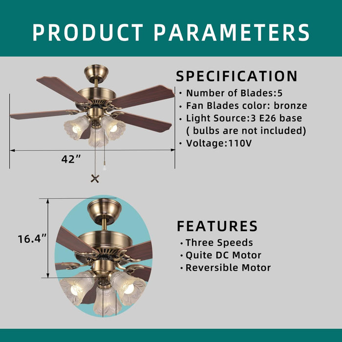 42 Inch Indoor Ceiling Fan with Pull-Chain and Three LED Light Bulbs Base, Traditional 3-Speeds Reversible Blades Ceiling Fan (Antique)