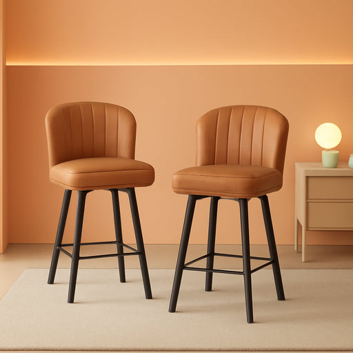 Swivel Counter Height Bar Stools Set of 2, 26'' Modern Barstools with Backs and Metal Legs, Upholstered Bar Chairs, Faux Leather Whiskey Brown Stools for Kitchen Island Chairs