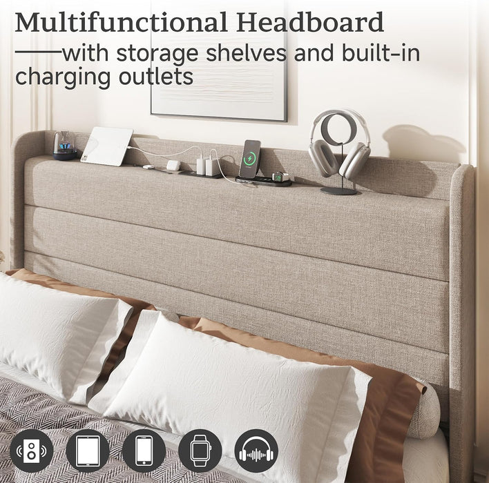 Full Linen Multifunctional Bed with Charging Station & Storage Headboard