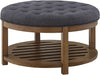 Large round Upholstered Tufted Linen Ottoman Coffee Table, Large Footrest Ottoman with Wood Shelf Storage-Charcoal