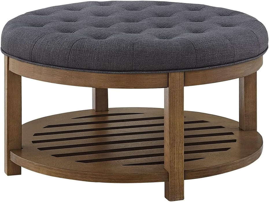 Large round Upholstered Tufted Linen Ottoman Coffee Table, Large Footrest Ottoman with Wood Shelf Storage-Charcoal