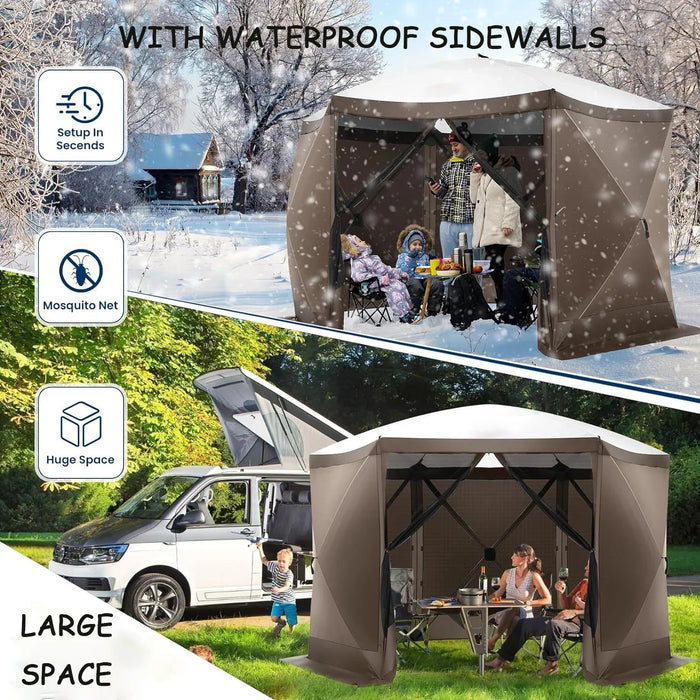 12X12Ft Pop-Up Gazebo Screen Tent Screen House with Sidewalls and Mosquito Netting for Camping, Waterproof, UV Resistant, EZ Set-Up Party Canopy with Carrying Bag and Ground Stakes, Brown