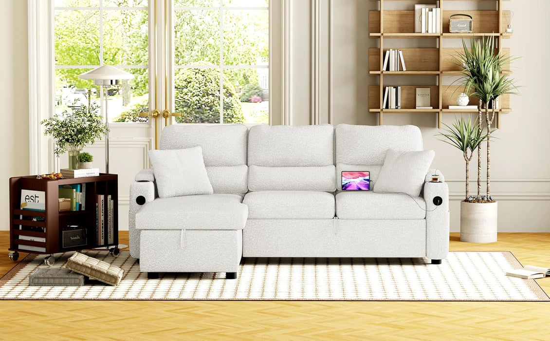 Pull Out ConvertibleSofaBed With Hidden Storage TeddyWhite