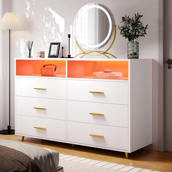 White Dresser with LED Lights, 6 Drawers & 2 Open Shelves Top Dresser for Bedroom, Wood Chests of Drawers