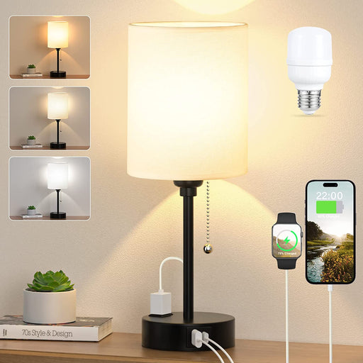 Small Bedside Table Lamp for Bedroom - 3 Color Temperatures Bedside Lamps with USB C and a Ports, Pull Chain Table Lamps with AC Outlet, White Nightstand Lamps with Black Metal Base for Kids Reading