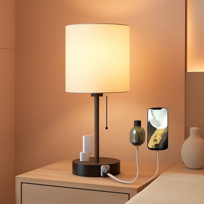 Small Bedside Table Lamp for Bedroom - 3 Color Temperatures Bedside Lamps with USB C and a Ports, Pull Chain Table Lamps with AC Outlet, White Nightstand Lamps with Black Metal Base for Kids Reading