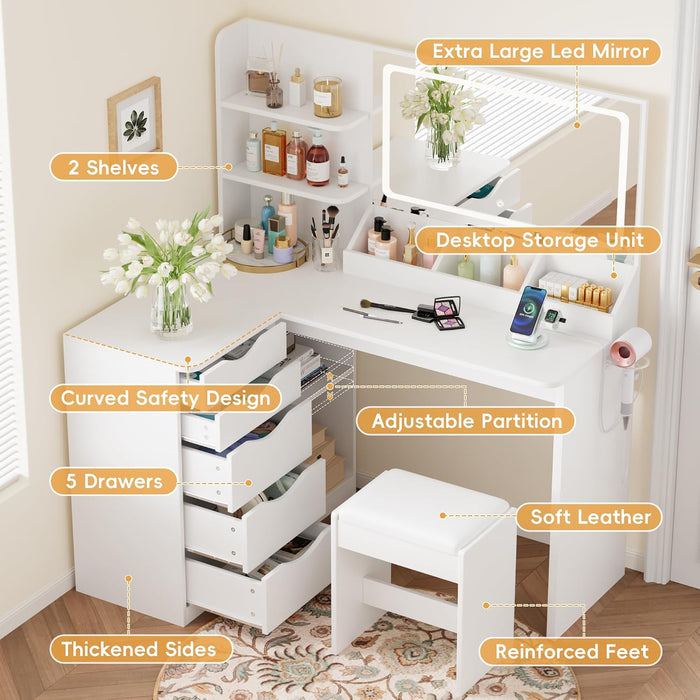Vanity Desk with Lights and Mirror, L Shaped Makeup Table, with Hairdryer Holder and Fast Charging, Adjustable 3 Lighting Modes, 5 Drawers and Adjustabled Open Storage Shelves, White