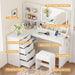 Vanity Desk with Lights and Mirror, L Shaped Makeup Table, with Hairdryer Holder and Fast Charging, Adjustable 3 Lighting Modes, 5 Drawers and Adjustabled Open Storage Shelves, White