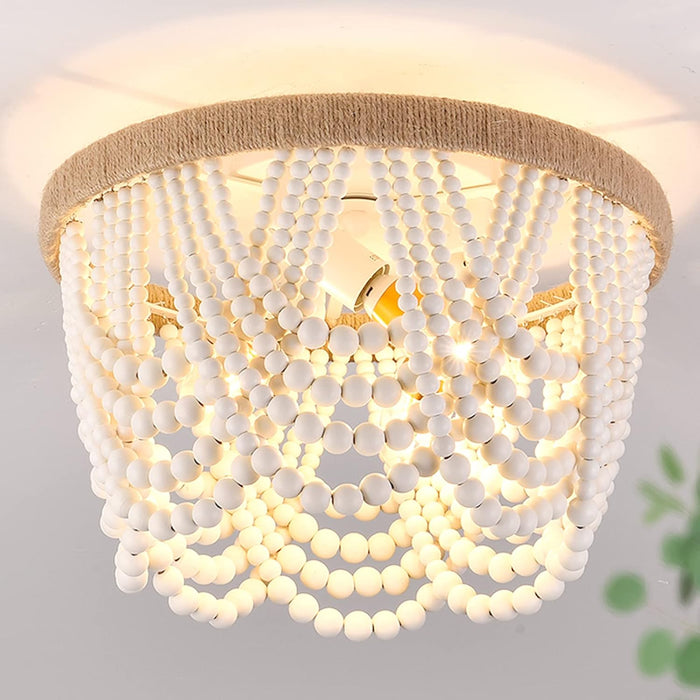 Wood Beaded Flush Mount Ceiling Light Antique Rustic Mini Chandelier 3-Light White Boho Light Fixture for Dining Room,Nursery Room,Bedroom,Girl Room,Hallway,Entryway,Passway