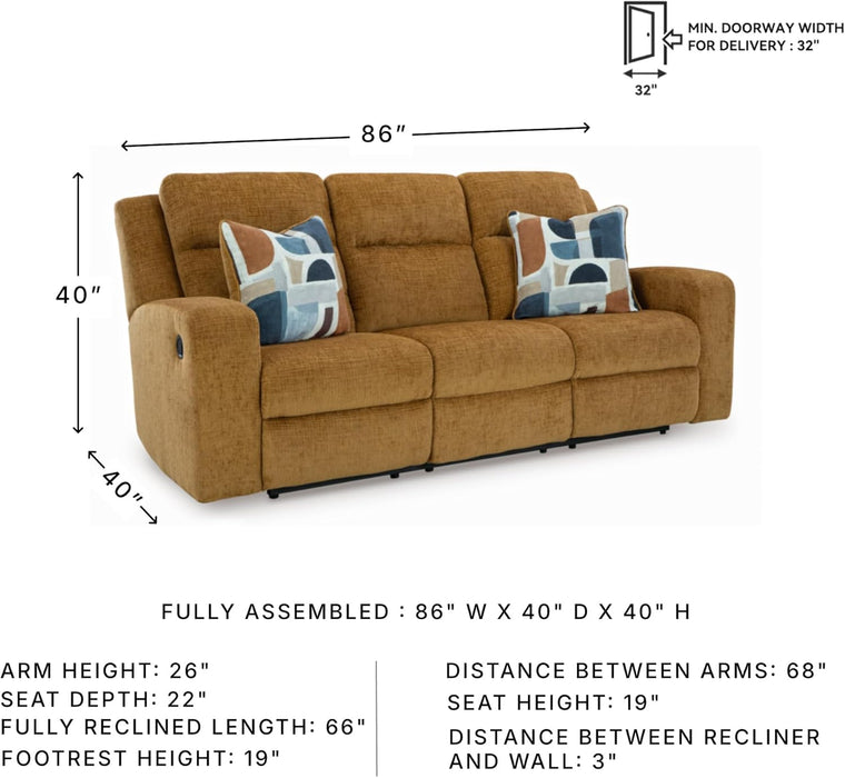 Kanlow Contemporary Manual Reclining Sofa with 2 Accent Pillows, Light Brown