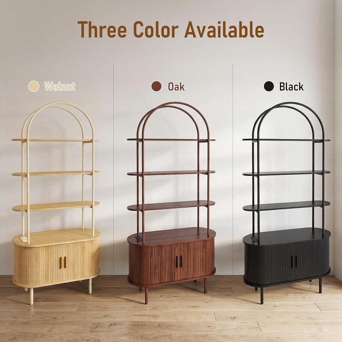 71" Mid Century Modern Arched Bookshelf with Cabinet, Walnut | 4-Tier Tall Bookcase with Sliding Tambour Doors, Freestanding Storage Organizer Book Shelf for Living Room, Home Office
