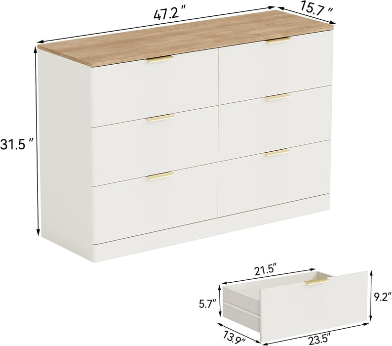 6 Drawer Dresser for Bedroom, 47.2" Wide Modern Chest of Drawers with Curved Profile Design, Large Wood Dresser TV Stand with Metal Handles for Bedroom, Living Room, Hallway, White & Brown