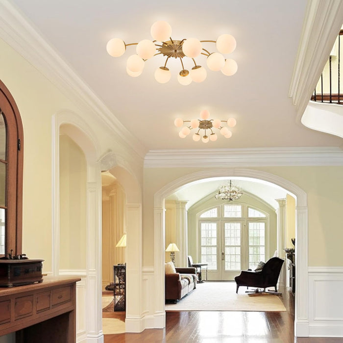 38.1 In. 12-Light Mid Century Modern Sputnik Chandelier Gold Semi Flush Mount Ceiling Light, Opal Glass Bubble and Blossom Accent Milk Glass Bubble Lighting Fixture for Dining Living Entry