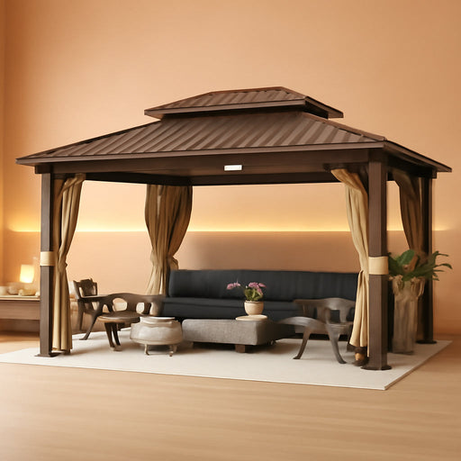 12' X 16' Hardtop Gazebo with Galvanized Steel Double Roof, Aluminum Pergolas Frame, Curtains and Netting Included, Metal Outdoor Gazebos for Garden, Patios, Lawns, Parties