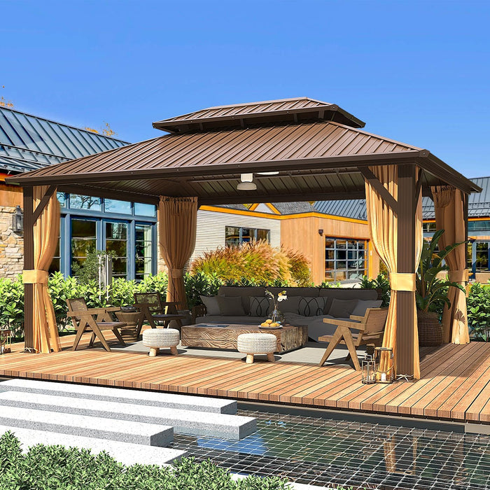 12' X 16' Hardtop Gazebo with Galvanized Steel Double Roof, Aluminum Pergolas Frame, Curtains and Netting Included, Metal Outdoor Gazebos for Garden, Patios, Lawns, Parties