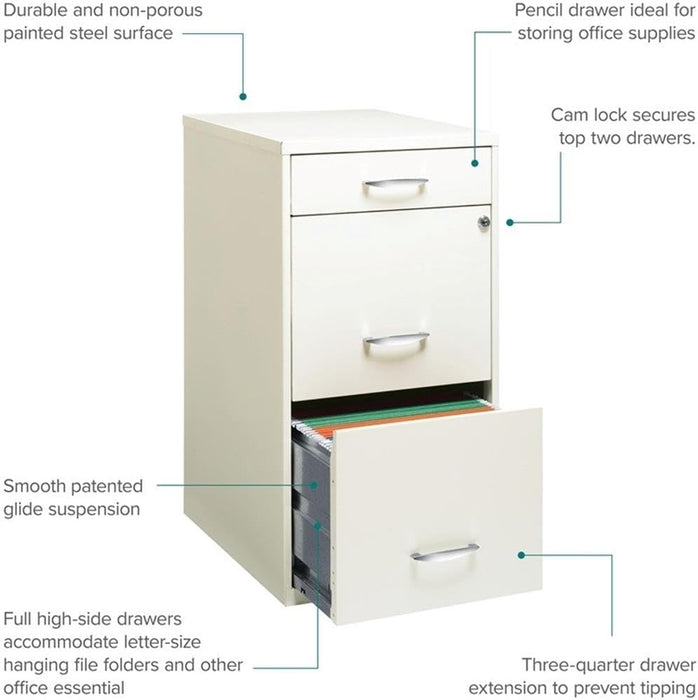 3-Drawer Metal Filing Cabinet, 27.32" H X 14.25" W X 18.00" D, Pearl White Finish, Locking Storage with Letter-Size File Drawers, Non-Porous Painted Steel for Home or Office