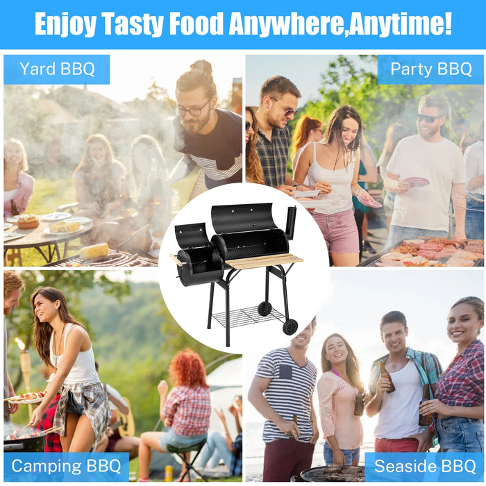 BBQ Charcoal Grill, 45.28-Inch Length Portable Barbecue Grill, Offset Smoker Barbecue Oven with Wheels & Thermometer for Outdoor Picnic Camping Patio Backyard