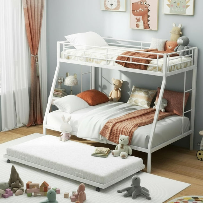 Twin over Full Bunk Bed with Trundle, Heavy-Duty Metal Bunk Bed Frame with Guardrail & 2 Ladders, Space-Saving Bunk Bed for Kids/Teens/Adults, No Box Spring Needed