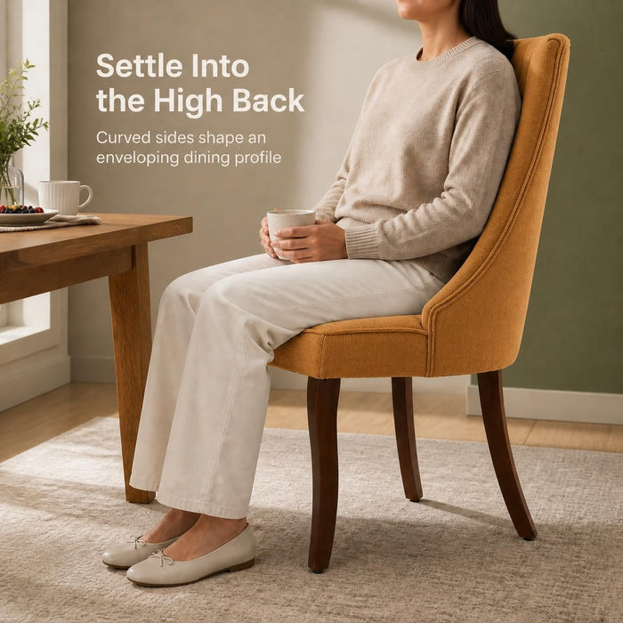 Upholstered Dining Chairs Set of 6, Gold Fabric, Curved Brown Wood Legs