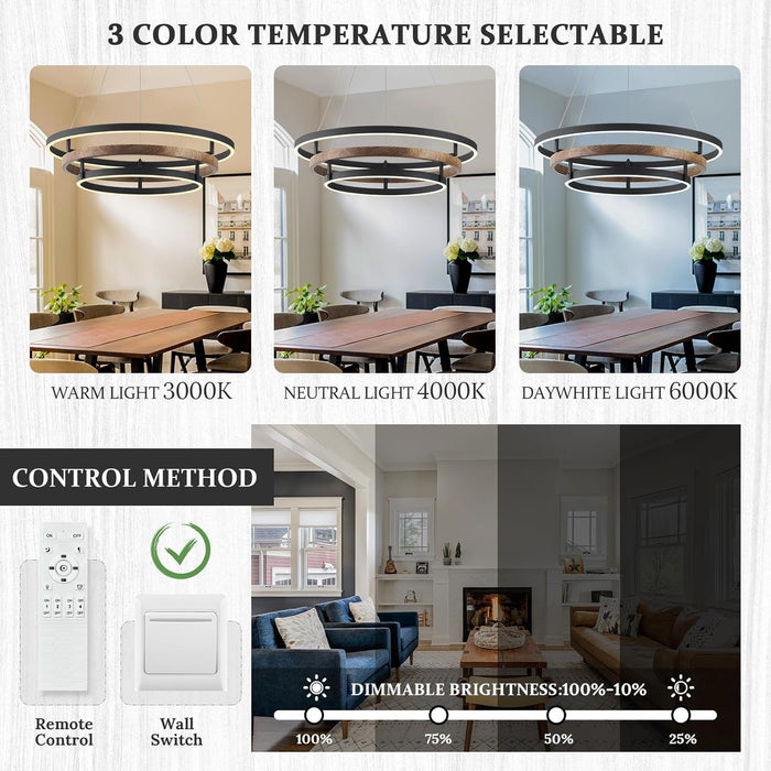 Modern LED Chandelier Black Wood Dimmable 3-Ring Foyer Entry Chandeliers Light 24In Dining Room Chandelier Light Fixture for Kitchen Home Office Living Room