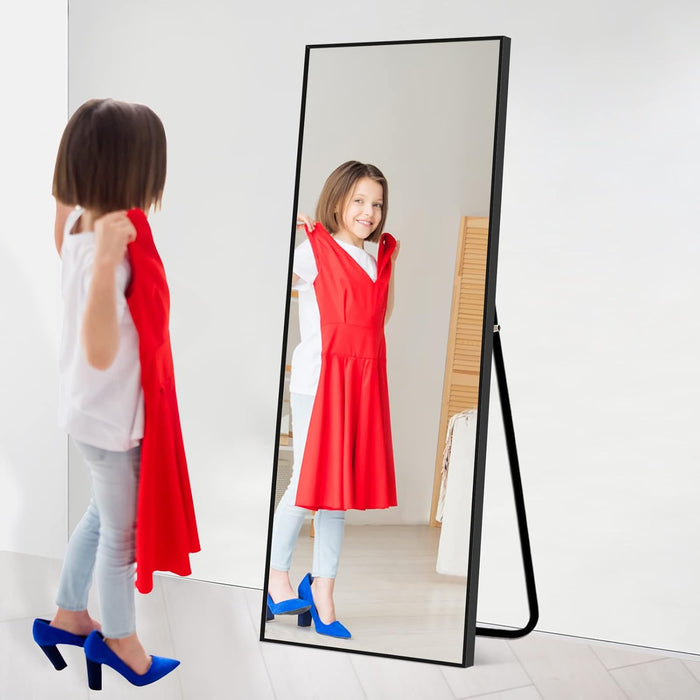 47"X16" Full Length Mirror with Standing Holder Aluminum Alloy Frame Floor Mirror Wall-Mounted Mirror for Living Room, Bedroom, Hanging or Leaning against Wall, Black (With Stand)