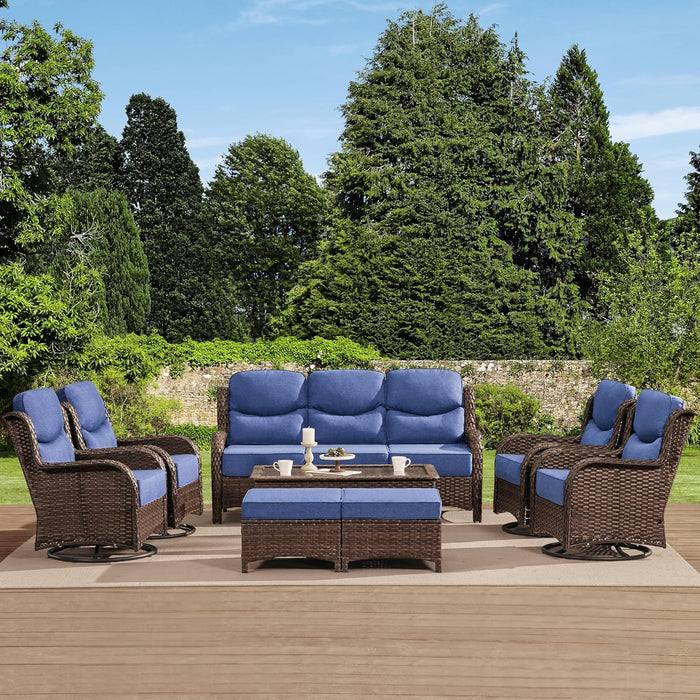 Luxury Outdoor 8-Piece High Back Patio Furniture Set, with 3-Seater Sofa, 4 Swivel Rockers, 2 Ottomans, 1 Coffee Table, 6'' Thick Cushions, Ideal for Porch, Poolside, Deck, and Yard (Blue)