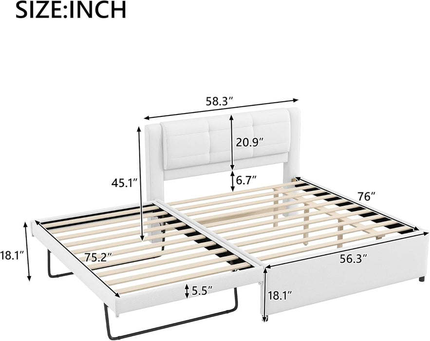 Full Size Upholstery Platform Bed with Trundle,Trundle Can Be Flat or Erected, Modern Bed Frame with Linen Headboard for Kids, Adults, No Box Spring Needed, Beige
