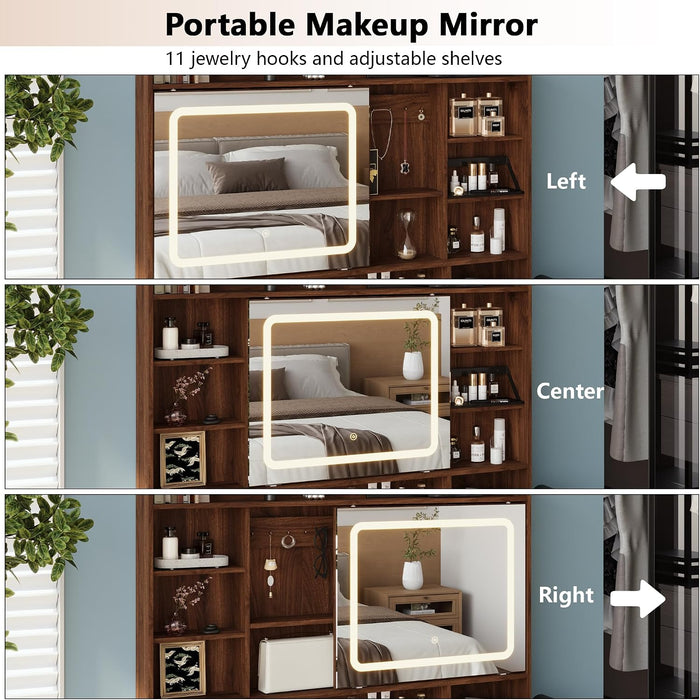 43.3" Fluted Vanity Desk with Mirror and Lights, Wood Makeup Vanity Desk with Charging Station & Mobile Mirror, Modern Dressing Table with Adjustable Shelves & Jewelry Hooks for Girls, Women, Walnut